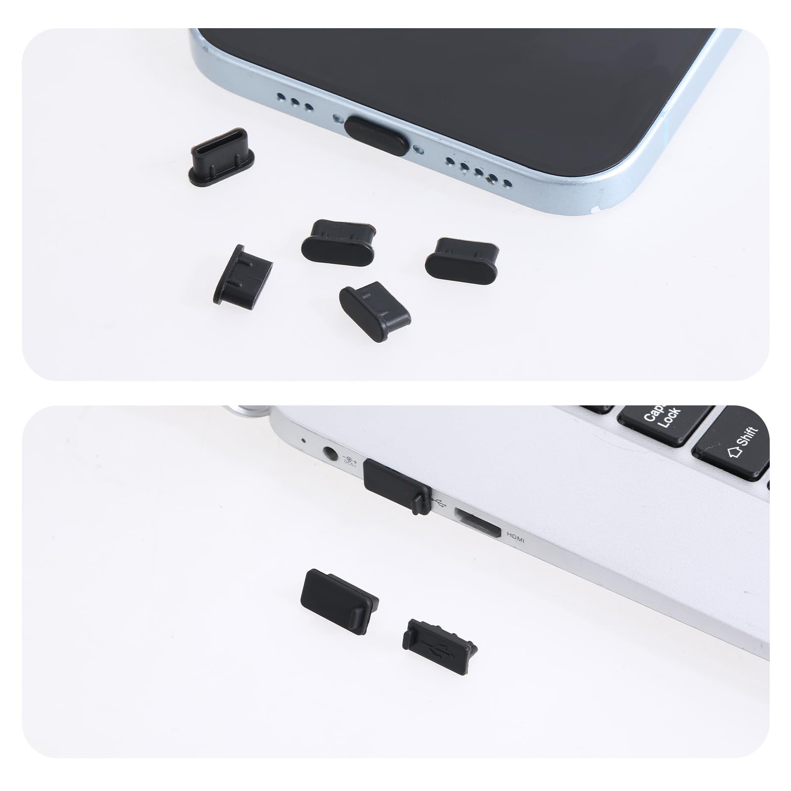 Bewudy 40 szt. 5 rodzajów antykurzowych zatyczek do gniazd USB, zatyczki do gniazd USB Type-C, zatyczki do gniazd USB z pyłoszczelnymi kołkami, silikonowe osłony portów USB do żeńskiego i męskiego