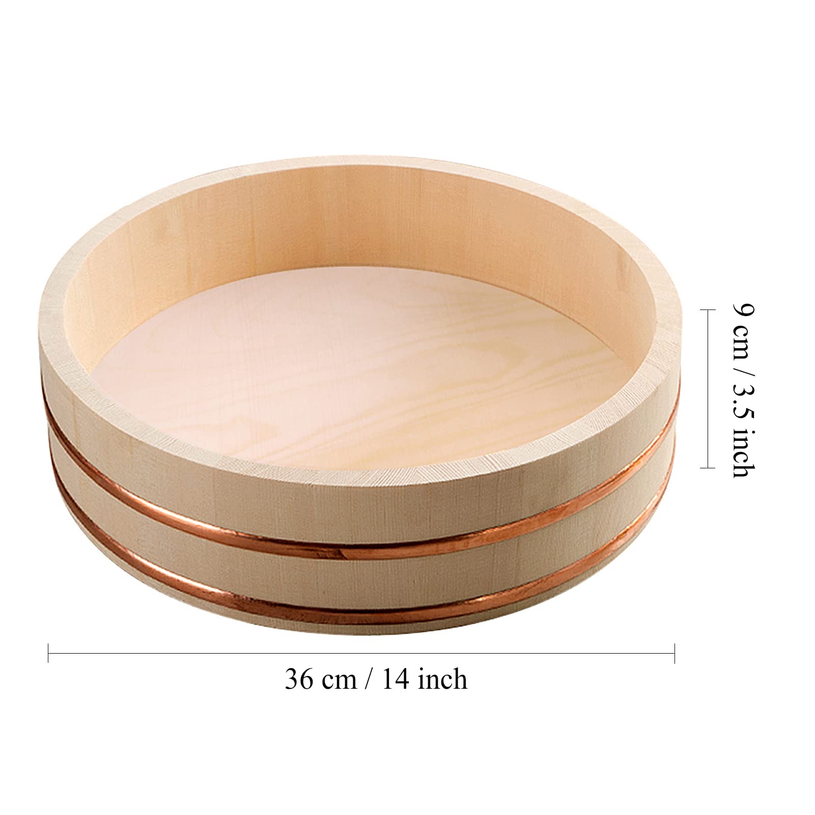 Drewniana wanna do mieszania ryżu Hangiri, japońska miska do sushi, sushi oke, z solidnymi miedzianymi taśmami do gotowania, 12 rozmiarów do wyboru, 36 cm
