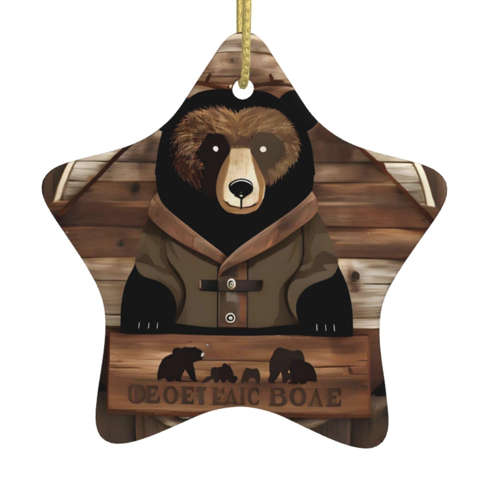 Rustic Lodge Bear Christmas Ceramic Star Pendant with Punched Holes and Gold Wire Rope, Christmas Tree Home Decoration