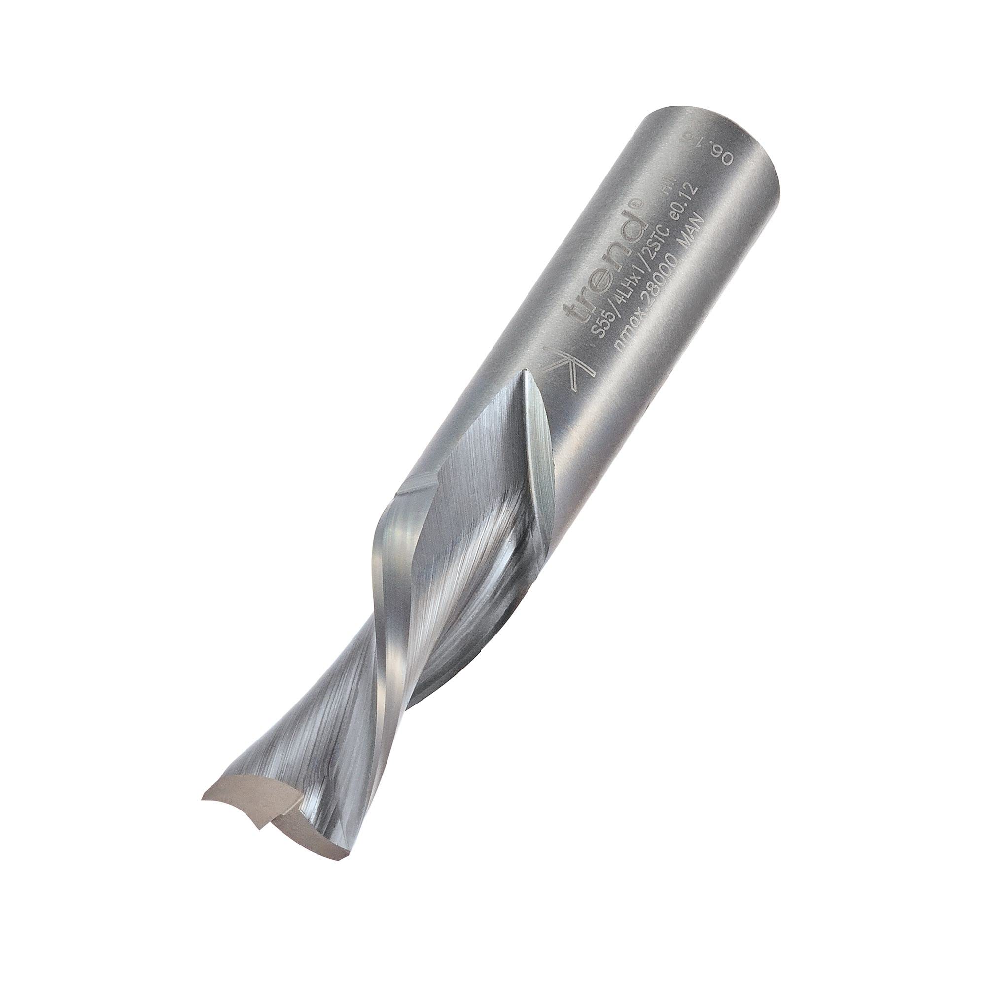 Trend Silver Professional Spiral Down-Cut Cutter, 12.7Mm Diameter, 1/2 Inch Shank, 32Mm Cut Length, Solid Carbide, S55/4Lhx12stc