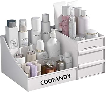 COOFANDY White Makeup Desk Organiser with Drawers, for Home & Office Plastic Stationary Box, 7 compartments Plastic Case Holder Skin Care Products for Dressing Table - image, photos