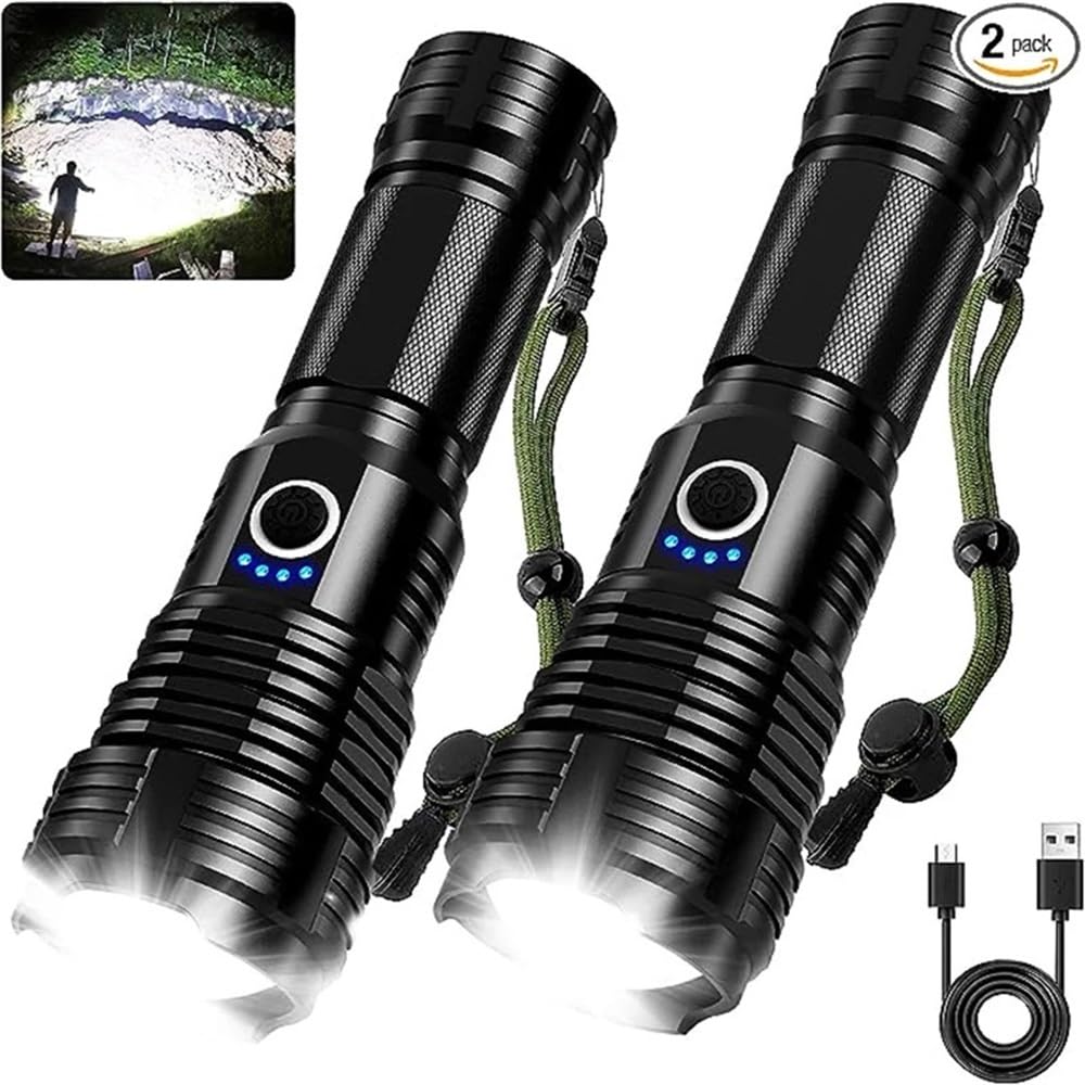 Linterna Led XHP100 de alta potencia, linterna recargable de 4 núcleos con Zoom, linterna de mano Usb apta for acampar, exteriores y uso de emergencia(BLACK_XHP100 FLASHLIGHT_ZOOM_2PCS)