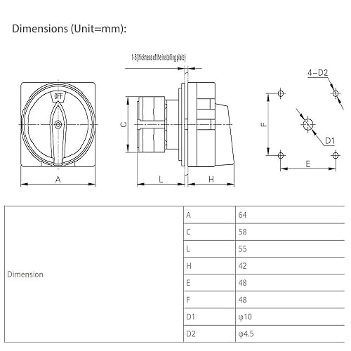 Miniatura 9 de Interruptor giratorio ATO 20A, 4 polos, interruptor de leva giratorio universal de 2 posiciones, interruptor de cambio seguro y confiable (20A)