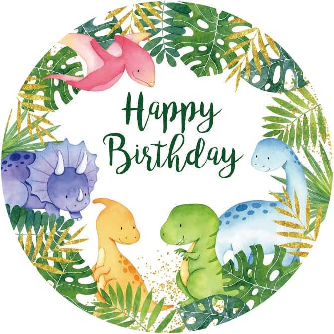 Miniatura 3 de AOFOTO Fondo redondo de 7 x 7 pies con diseño de dinosaurio de feliz cumpleaños, cubierta grande, tema de la selva de las maravillas, cartel de