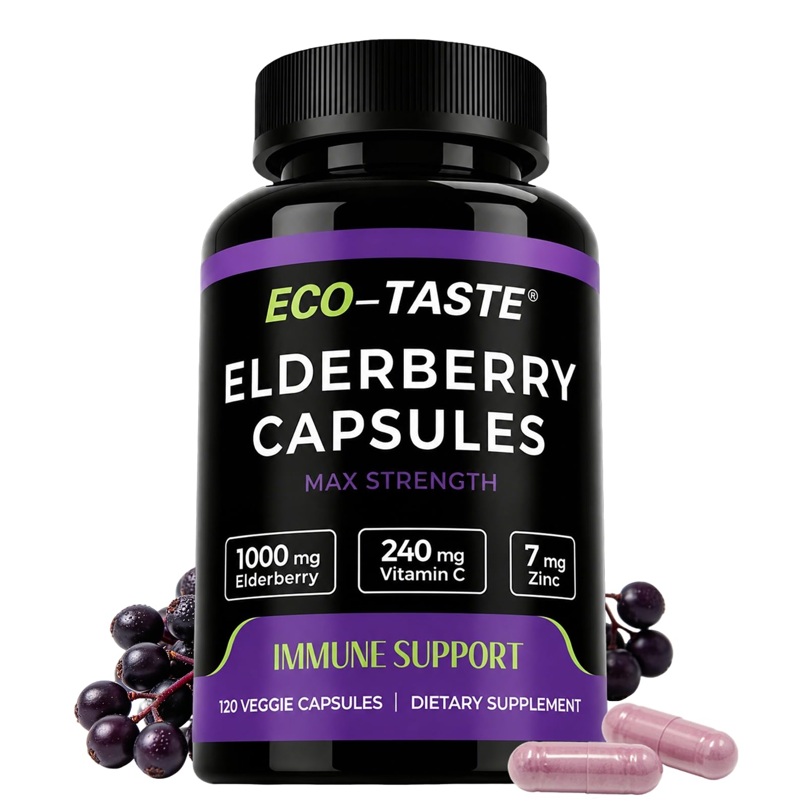 ECO-TASTE Black Elderberry Capsules with Zinc & Vitamin C, 120 Count 120 Count (Pack of 1)