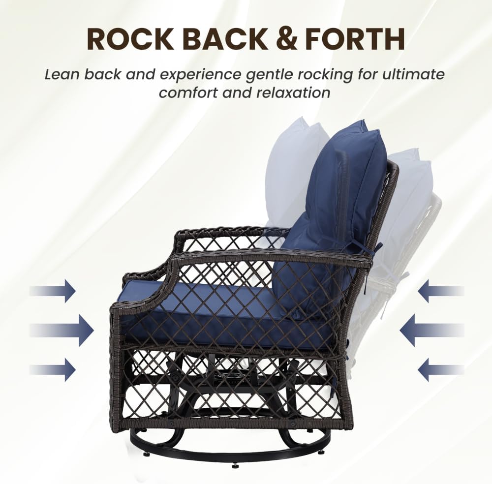 3-Piece Patio Furniture Set, Wicker Outdoor Bistro Set Swivel Glider Patio Chairs x 2 with Cushions, High Back All-Weather Rattan Outdoor Furniture for Porch, Backyard (Navy Blue + Wicker)