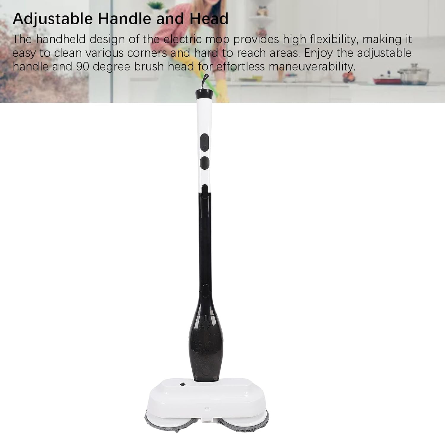 The Cocoarm Electric Mop standing upright, with text highlighting its adjustable handle and head for flexibility.
