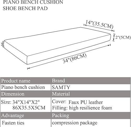 Miniatura 2 de Cojines de banco de piano de piel sintética impermeable con lazos para niños, cojín de madera para taburete, 14 x 34 pulgadas, color negro