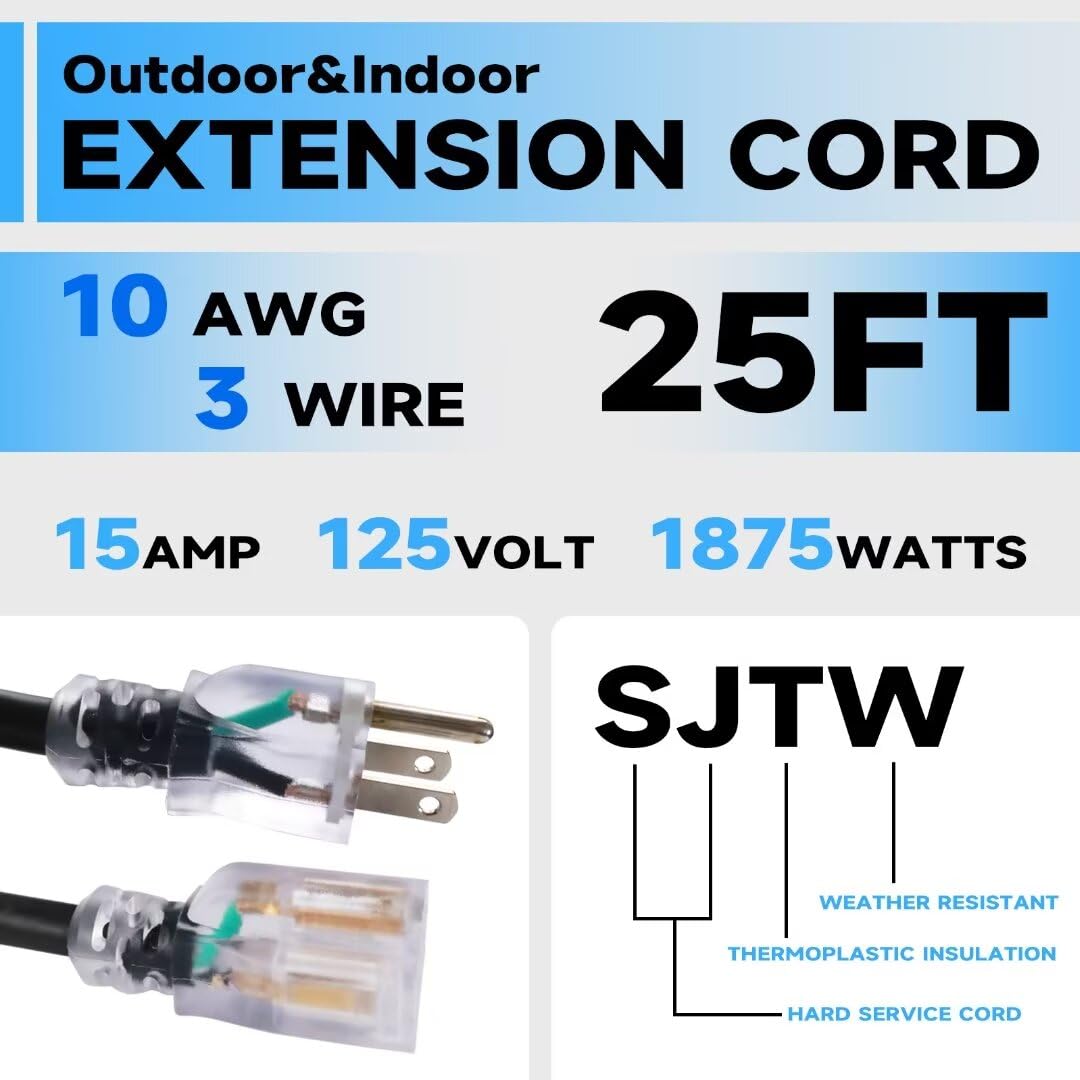 Cable de extensión iluminado para exteriores de 25 pies – 10/3 SJTW resistente cable de extensión negro con enchufe de tierra de 3 puntas para mayor seguridad, listado UL
