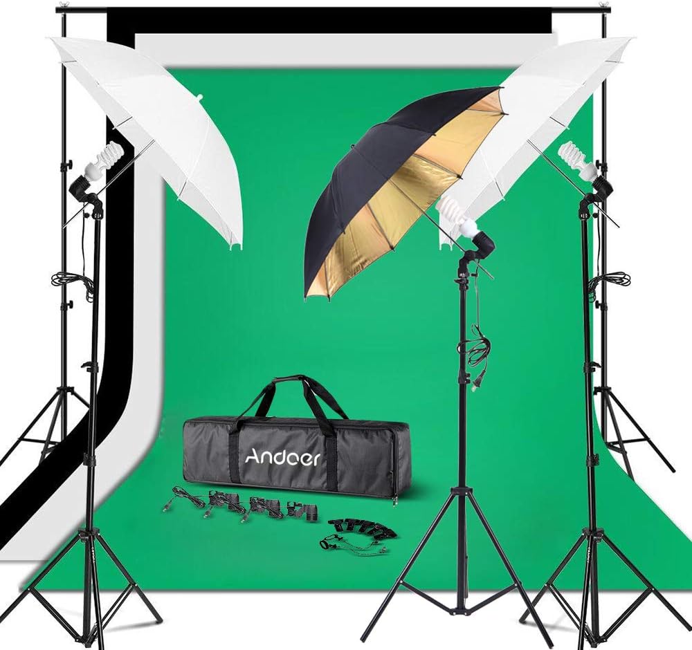 Discount Andoer Photography Umbrella Continuous Lighting Kit - 6.6ft x 10ft Background Support System 3pcs Muslin Backdrops Screen and 3pcs Umbrellas for Photo Portrait Studio Shoot