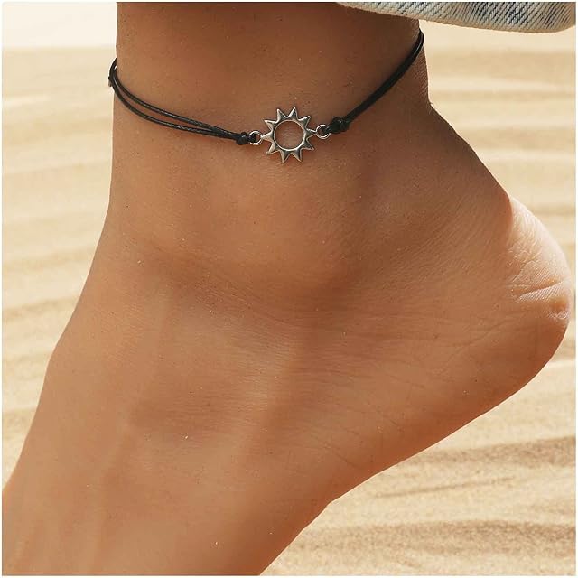 Cimenexe Bohemian Sun Anklet Black Woven Rope Ankle Bracelet Silver Sunshine Chain Anklet Adjustable Wax Anklets Summer Beach Foot Chain Jewelry for Women and Girls Gifts