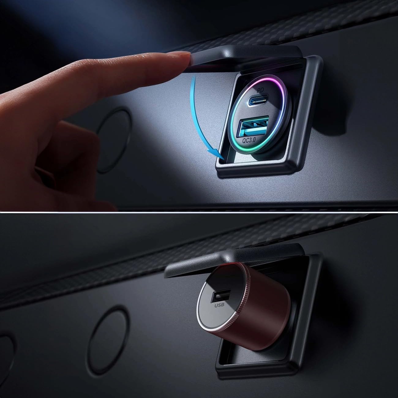 Joyroom Caricabatteria da auto Mini Caricatore rapido USB-C e USB-A 60W con indicatore LED Nero