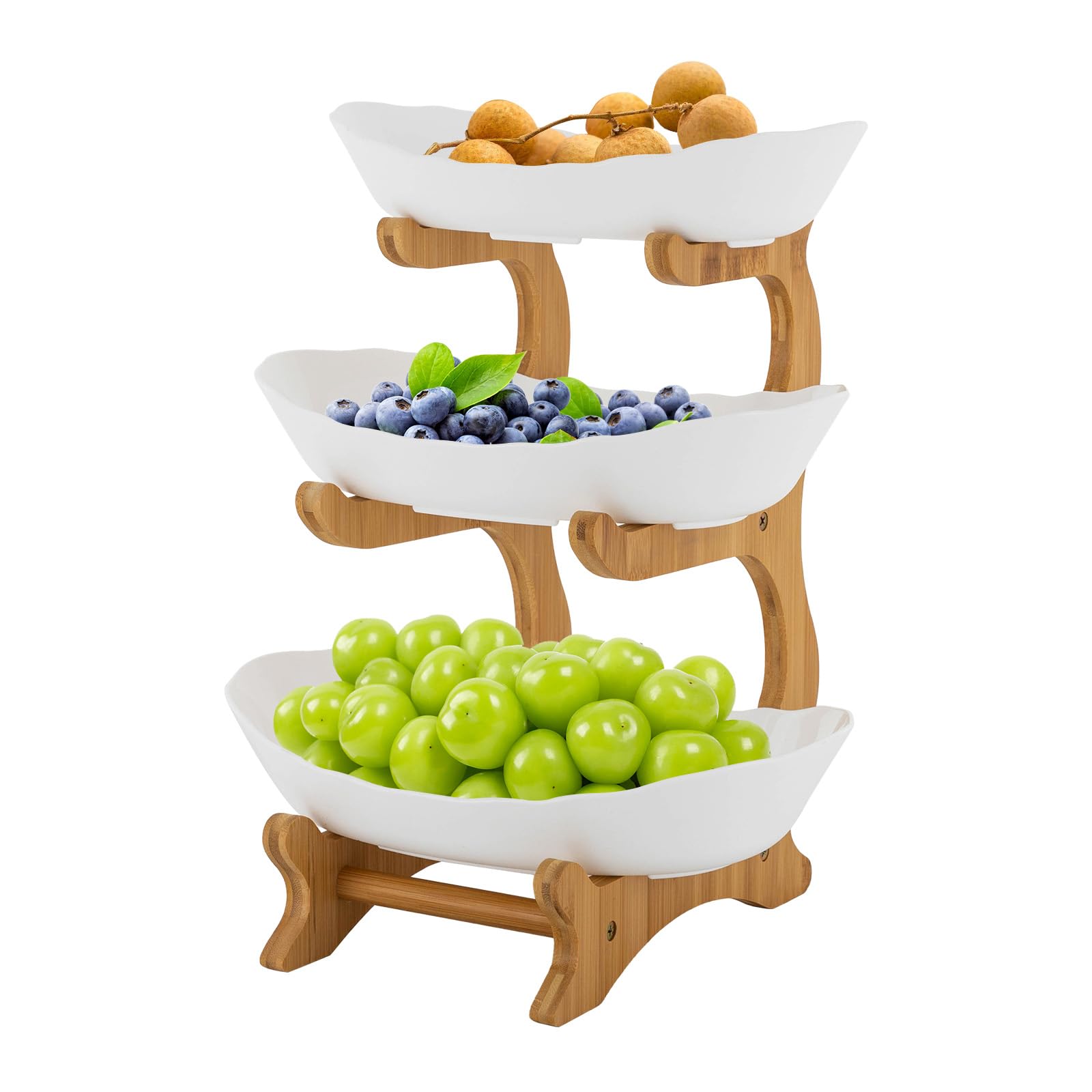 Alzata per frutta a 3 ripiani, salvaspazio, stabile e senza tremori, con supporto in bambù naturale per frutta e snack