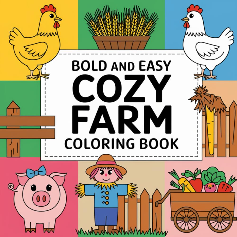 Cozy Farm: Bold and Easy Countryside Life with Cute Animals, Barnyard Scenes, Relaxing Nature Patterns, and Simple Rural Designs for Preschool Creative Fun Coloring Book For Kid Ages 4-8