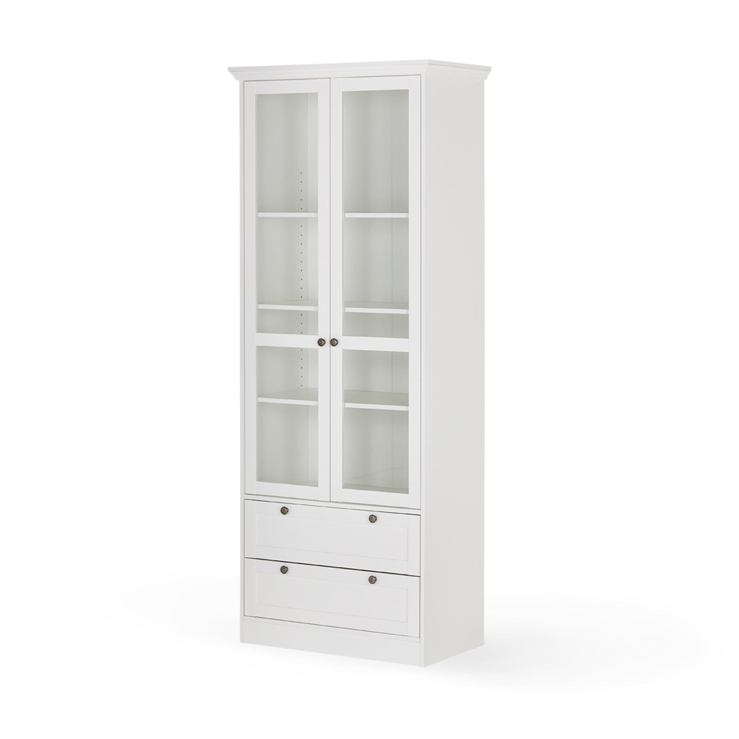 KHG Vitrine weiß 2 Drehtüren mit Glaseinsatz 2 Schubkästen 3 höhenverstellbare Einlegeböden Holzwerkstoff beschichtet Landhaus Stil