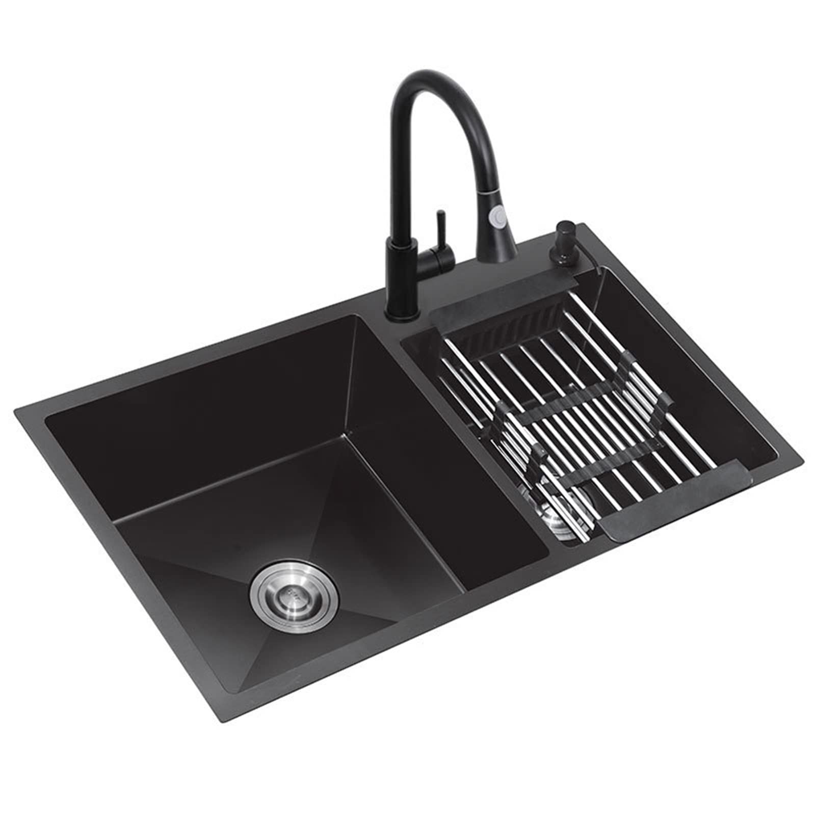 WIQUYBML Kitchen Sinks Black, With Pull Type Faucet Bar Prep Sink, 304 Stainless Steel Deep Double-bowl Sink Basin, Drop-In Or Undermount Installation (Size : 78x43cm)