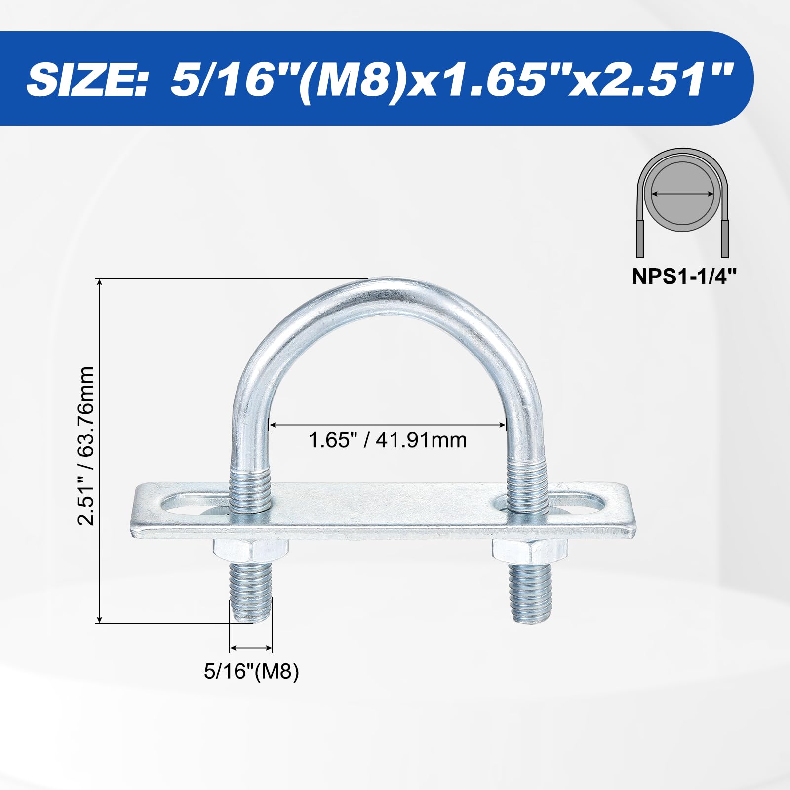 METALLIXITY U Bolts 4 Sets (5/16"(M8) x1.65"x2.51"), Round U Bolt Kits Carbon Steel with Accessories, for Construction Pipe - Image 2