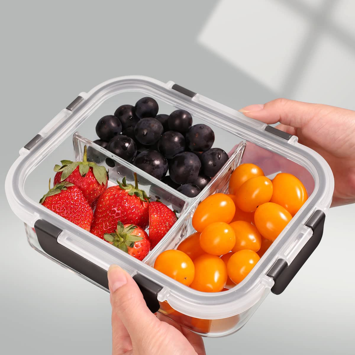 DAS TRUST Glasbehälter für Mahlzeiten, 3 Fächer mit Deckel, Lunchbox, Bento-Box, Mikrowelle, Backofen, Gefrierschrank, Spülmaschine (4,5 Tassen, Grau), 5 Stück