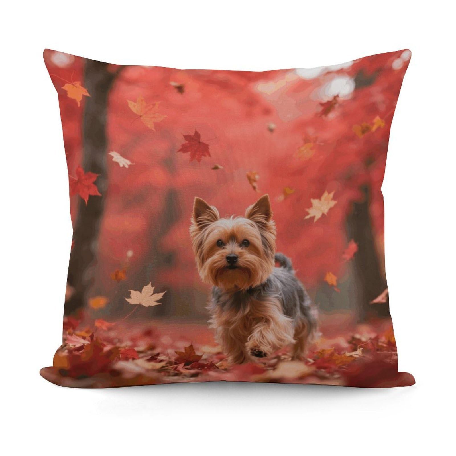VstaDank Yorkshire Terrier in Maple Forest Throw Pillow Covers Fade-Resistant Removable Pillowcase Square Cushion Case Cozy Pillow Case Breathable Pillow Protector Soft Pillow Shams 18"x18"