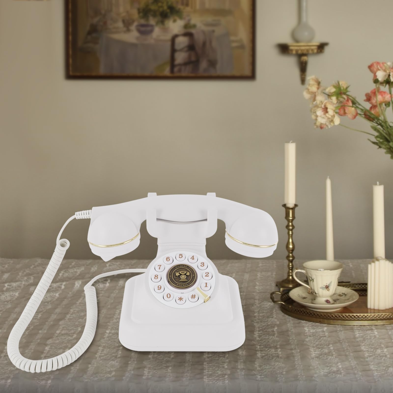 Telefono retrò fisso, telefono cordless regolabile, volume telefonico con selettore e suoneria, telefono antico, decorazione per la casa (bianco)