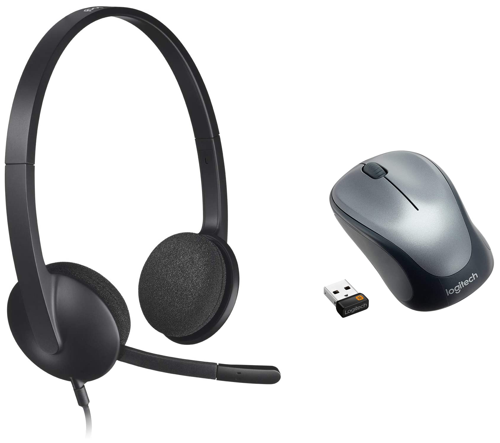 Logitech H340 Stereo Wired Over Ear Headphones with Mic with Noise-Cancelling, USB, Pc/Mac/Laptop - Black & M235 Wireless USB Mouse for Windows and Mac - Black/Grey