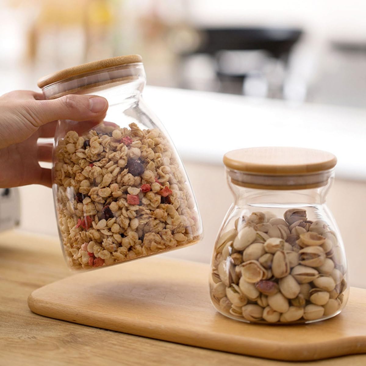 Household Grain Canister and Glass Storage Jar 2pcs 1000ml with Wood Lid Airtight Sealing Kitchen Food Storage Containers for Cereal Snacks and Dried Fruits
