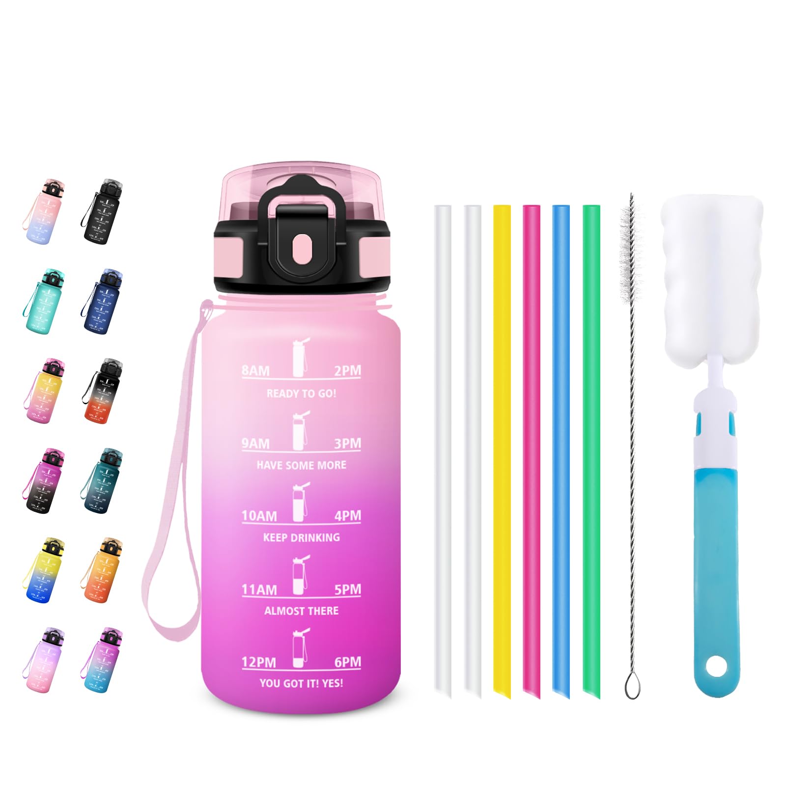 JAPORIA Leak-Proof Drinking Bottle, 500 ml, Suitable for Carbonated Drinks, Sports Water Bottle with Straw and Time Marking, Perfect for School, Office