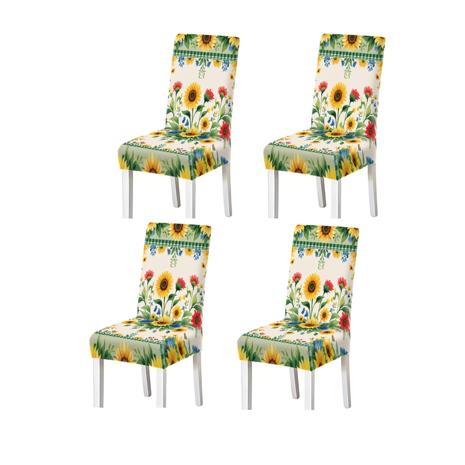 BOSUYBN Sunflower & Plaid Print Stretch Dining Chair Covers, Set Of 2/4/6 Furniture Protectors for Home Dining Room(4PCSChair cover)