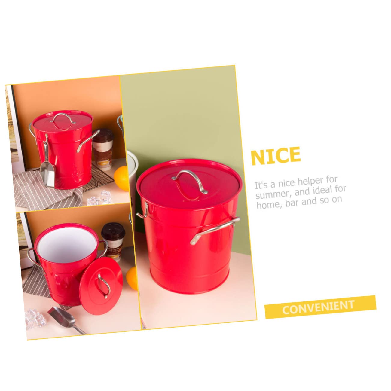 POPETPOP Seau à Glace en Fer Isolé Rouge Vif 5 L, Refroidisseur de Boissons pour Bar et Maison, Accessoire Polyvalent pour Fêtes et Restaurants, Seau à Glaçons Robuste Poignée Pratique