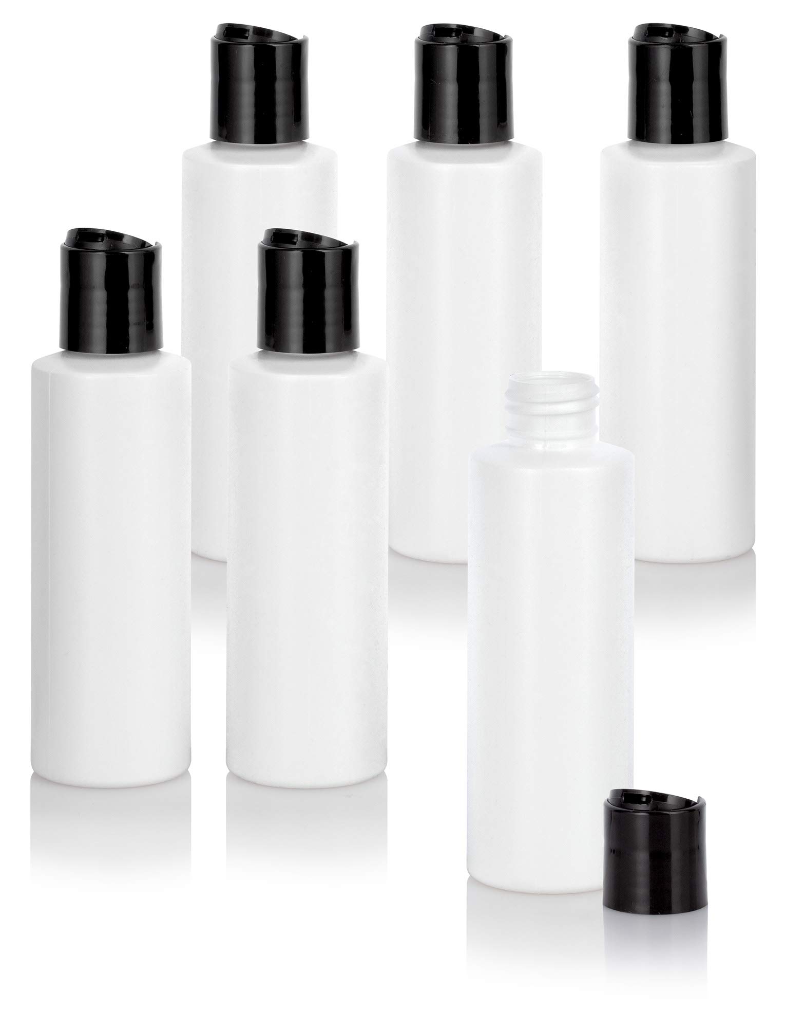 JUVITUS 4 oz / 120 ml White Plastic HDPE Refillable Cylinder Squeeze Bottle with Black Disc Cap (6 Pack)