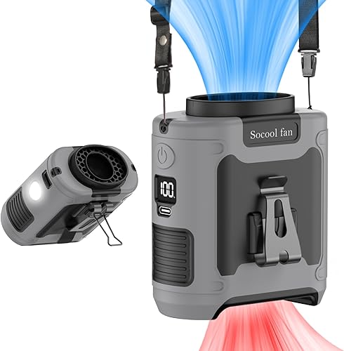 Miniatura 11 de Socool - Ventilador portátil de 10 000 mAh, clip para el cinto, batería recargable, 5 velocidades, linterna, para el cuello, manos libres, 40 horas,