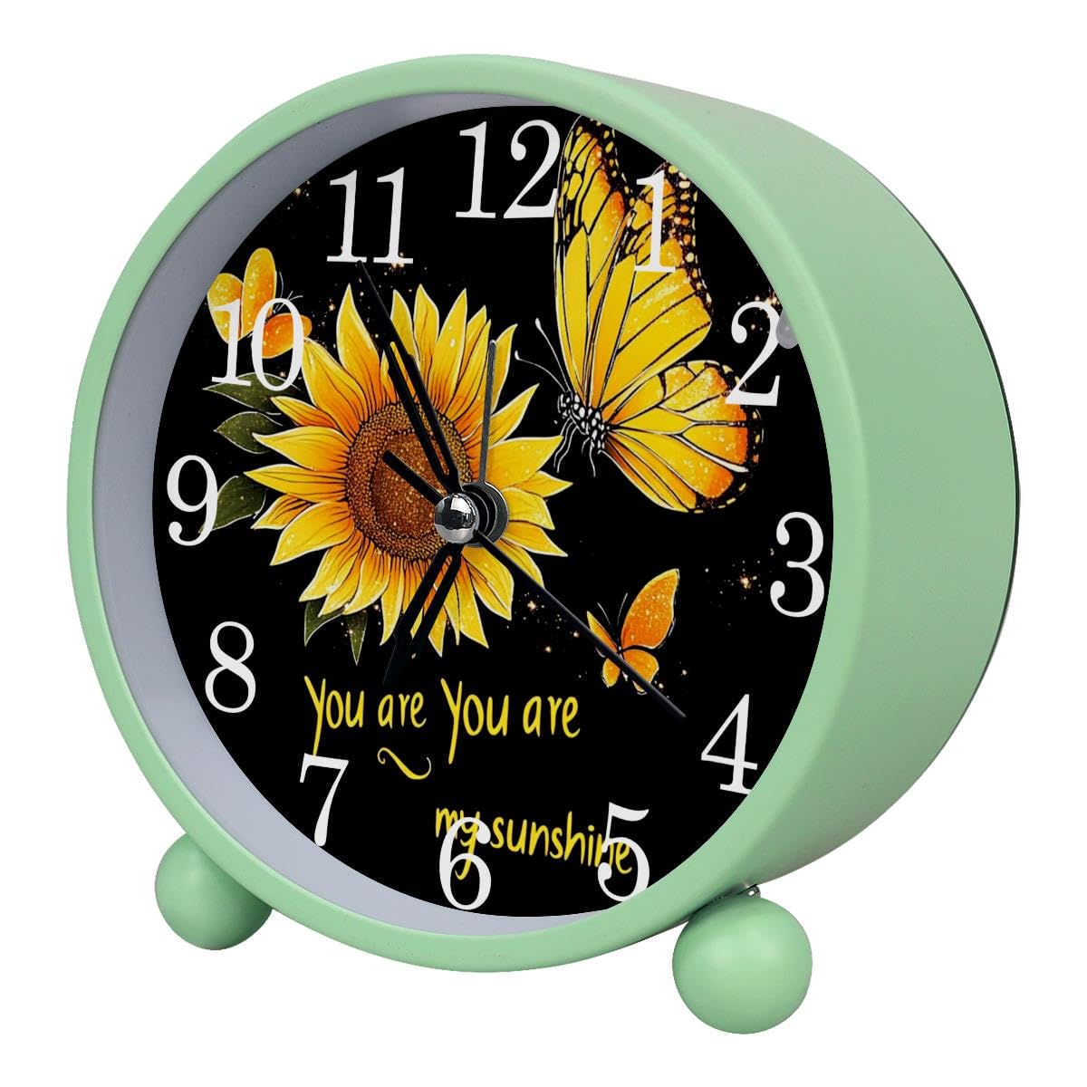 Luoweisi Alarm Clock Sunflower Butterflies, Silent Non-Ticking with Night Light, Round Metal Alarm Clock for Office, Battery Operated, Bedroom, Elderly, Adults, Children, Student Gifts
