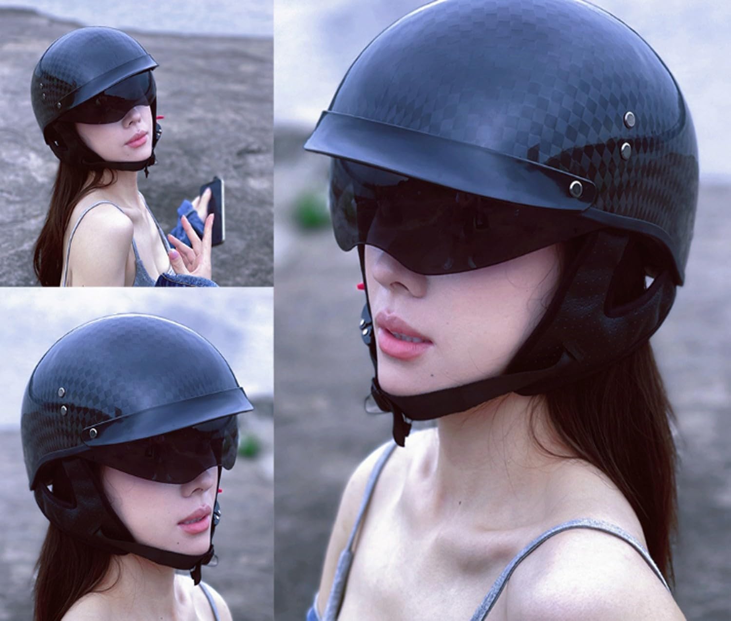 Mezzo Casco Moto Fibra Di Carbonio Con Visiera Caschi Jet E Demi-Jet Vintage Approvato DOTECE Caschi Cromwell Retrò Elmetto Scodella Robusto E Resistente Per Uomini Donne
