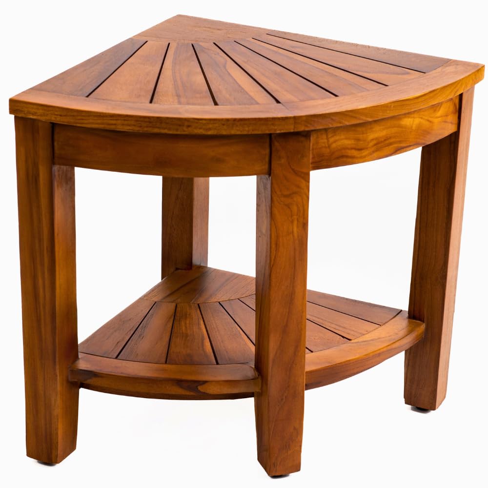 Teak Corner Bench - with Shelf, 18 Inch, Wooden Seat Stool for Bathroom, Spa, Garden, Fully Assembled