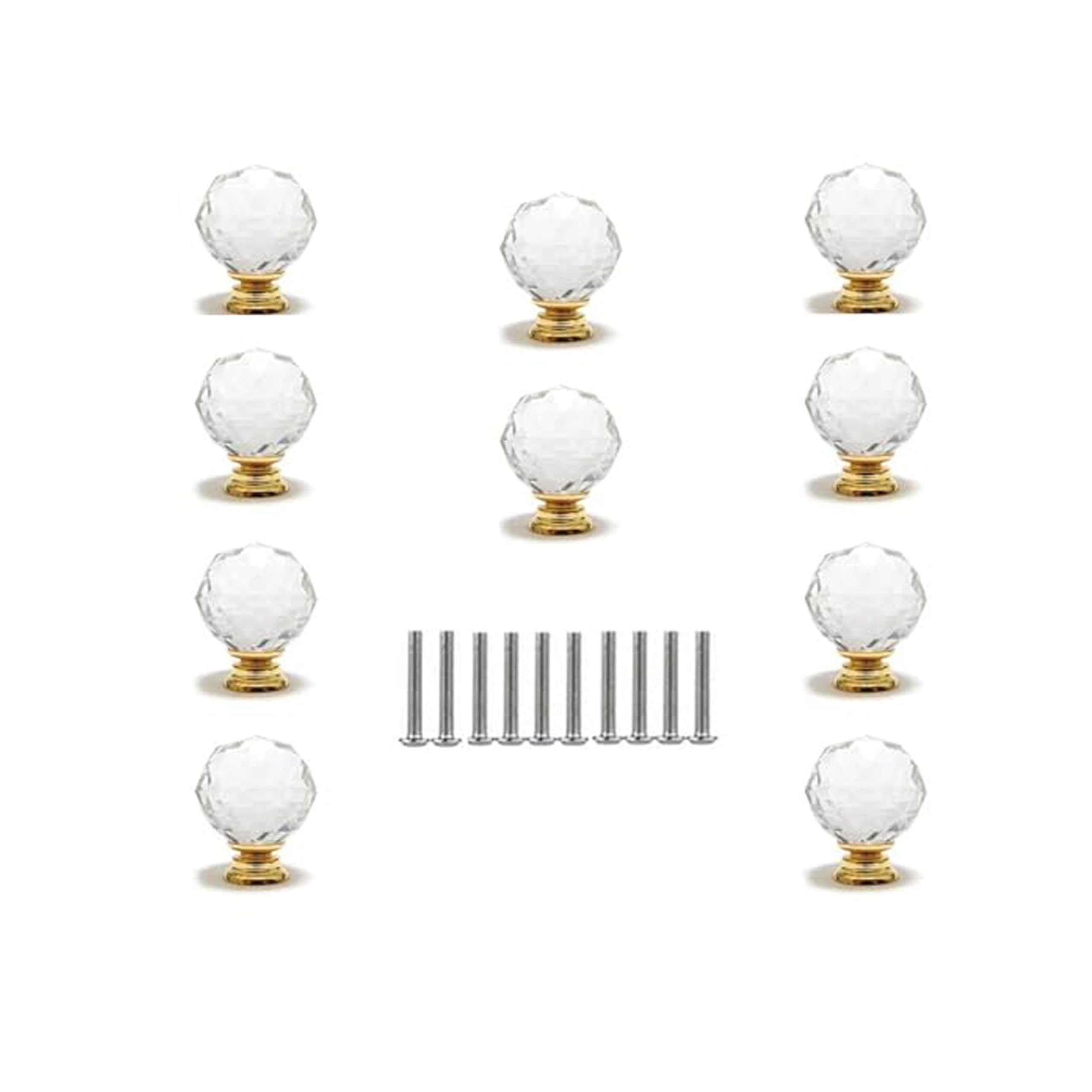 Clear Glass Crystal Shape Cabinet knobs - Pack of 10, Polished Finish (Round Chrome 30mm) ((Round Gold 30mm))