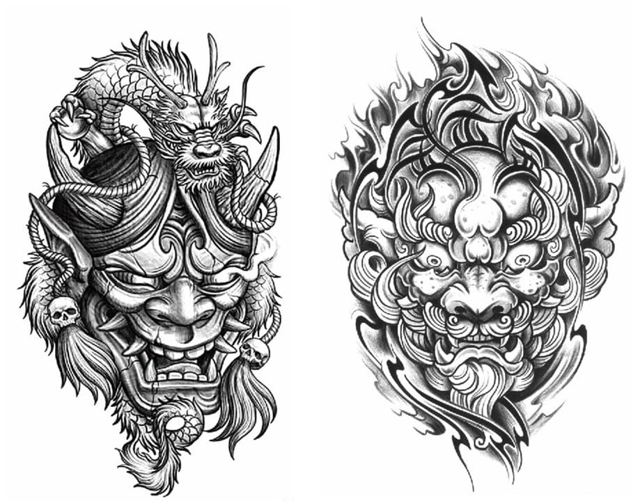 2 Blätter Temporäres Japan Tattoo Hannya Oni...