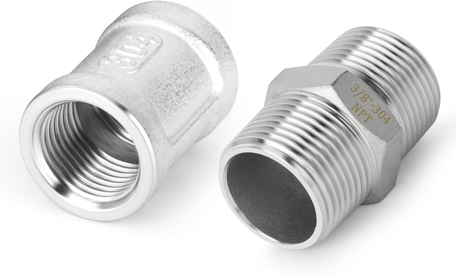 TAISHER 12PCS 304 Stainless Steel Hex Nipple 3/8" MNPT × 3/8" MNPT，Coupling 3/8" FNPT × 3/8" FNPT,Thread Pipe Fitting Kit