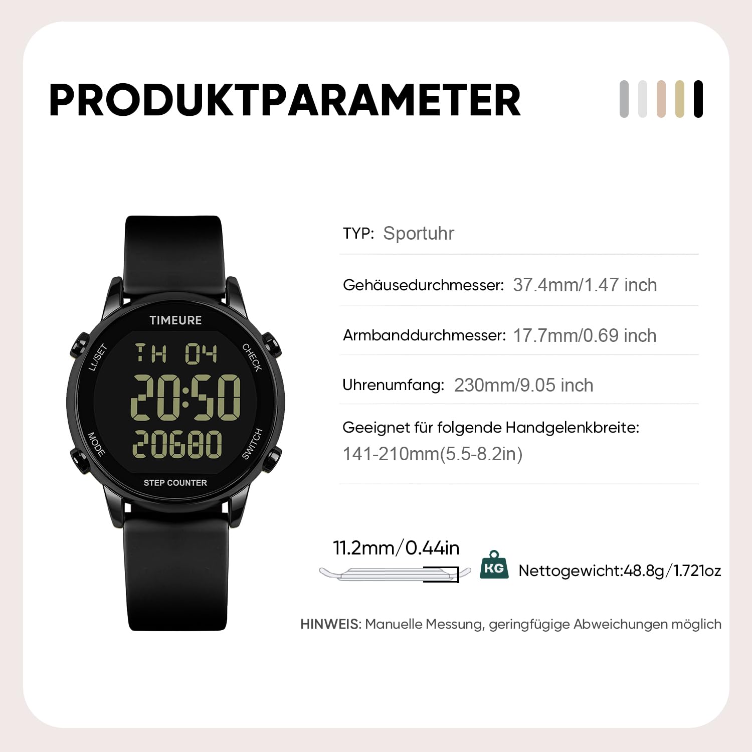 Schrittzähler Uhr für Damen, Schrittzähler zum Gehen, Keine App/Telefon erforderlich, wasserdichter Fitness-Kalorientracker, Distanzverfolgung, Alarm, große Digitalanzeige, Uhr, TU-2509