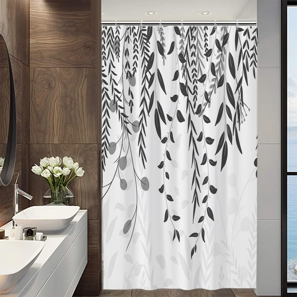 Duschvorhang Grau, Duschvorhang Eukalyptus Blätter Motiv Pflanzen Duschvorhänge Anti Schimmel Wasserdicht Polyester Stoff Waschbar Bad Vorhang mit 8 Haken für Badezimmer Badewanne 120x180cm