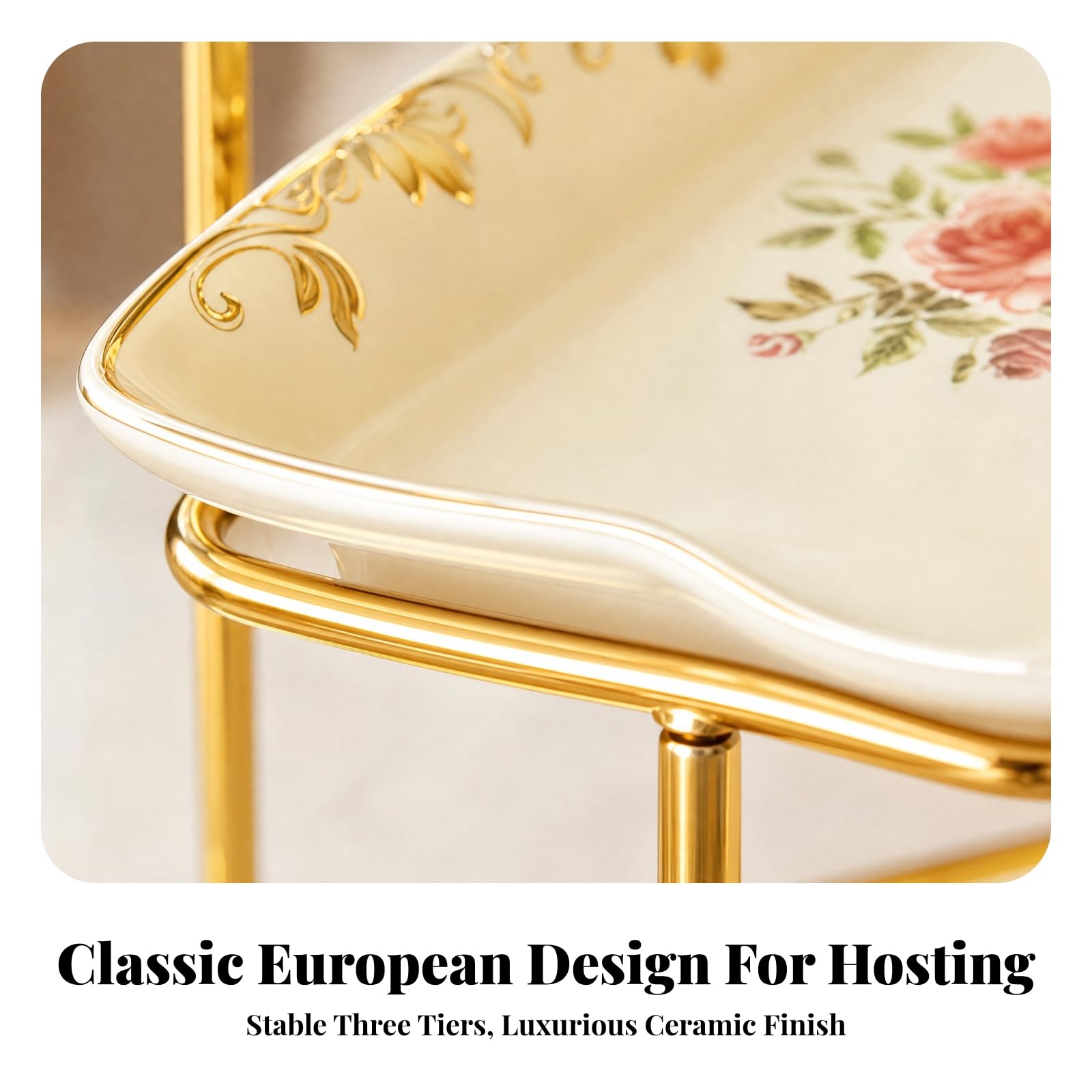 Qianly Alzatina con Vassoi Ceramici e Struttura in Metallo Multiuso Alzatina a Livelli Elegante Servizio Feste, Intrattenimento, Fiori