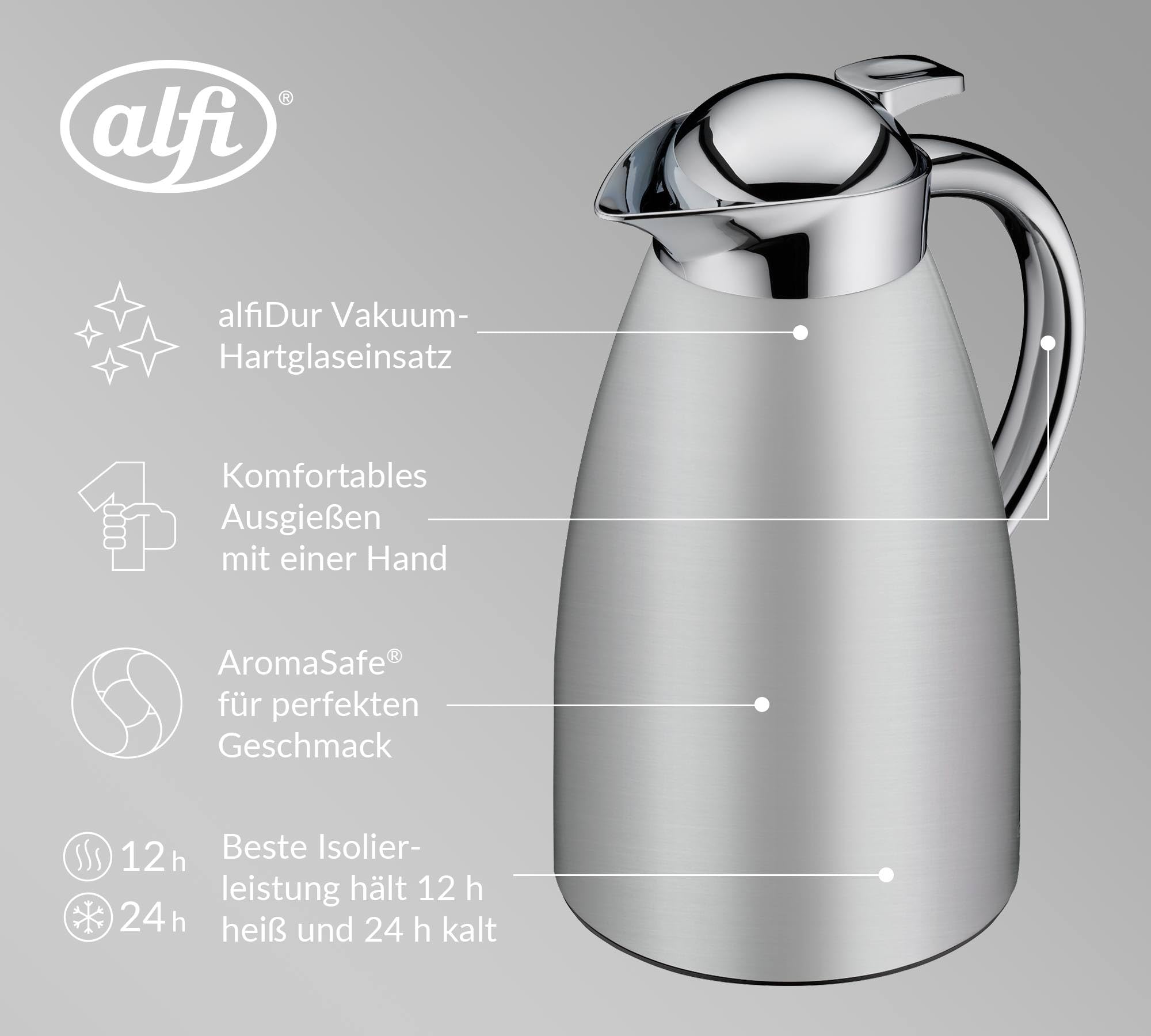 alfi SIGNO 1.0l, satin silber, Edelstahl-Isolierkanne mit hygienischem Hartglaseinsatz, Drehverschluss mit bequemer Drucktaste, ergonomischer Griff, mit einer Hand, ideal als Kaffeekanne, Teekanne