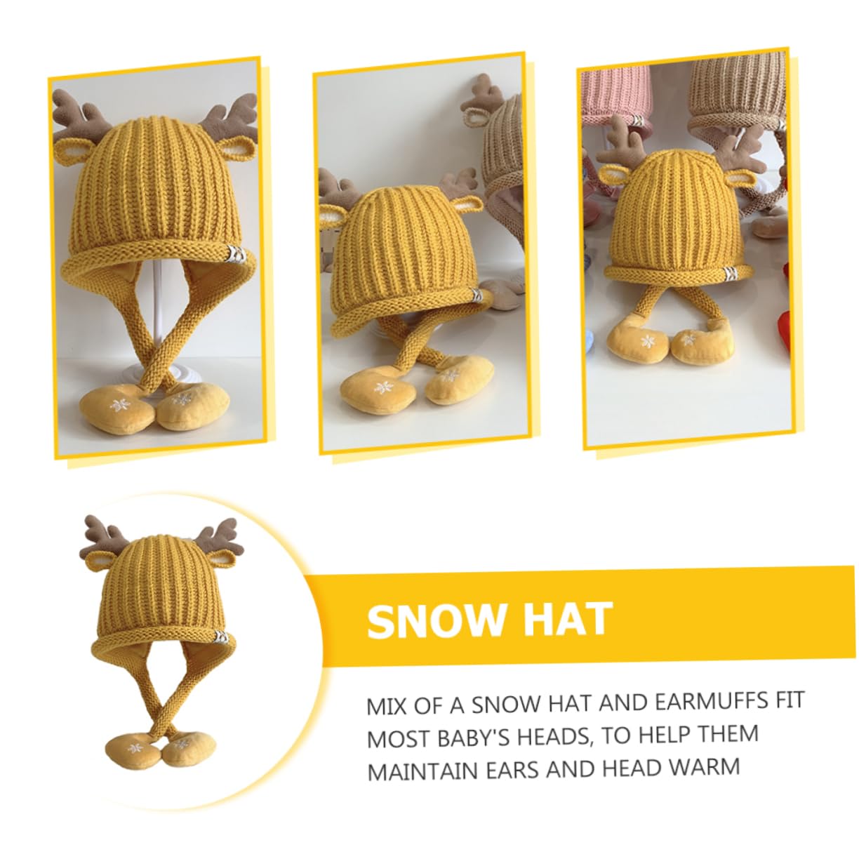 PACKOVE Sombrero Tejido Gorro Tejido Bebe Gorro De Navidad para Niños Sombrero De Navidad para Niños De Astas De Reno De Alce Novedoso De Punto Yellow Acrílico