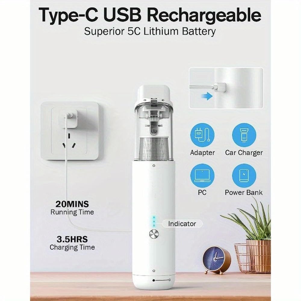 Aspiradora de Coche inalámbrica SYJYM Recargable, función de soplador de aspiradora de Mano de Doble filtración, Carga rápida USB-C para el hogar y el Coche