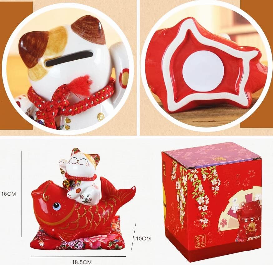 Miniatura 4 de EatingBiting Figura de gato Feng Shui Lucky Fortune Maneki Neko de 7.3 pulgadas, hucha de cerámica dañada para gatos y peces, Feng Shui, gato de la