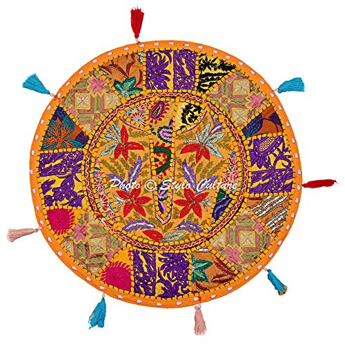 Stylo Culture Decorativo Indio Bohemio Redondo Cojines De Suelo Jardin Patchwork Funda De Almohada Sofa Cojines Suelo Mango Amarillo 45x45 cm Algodón Bordado Vintage Fundas De Colchón