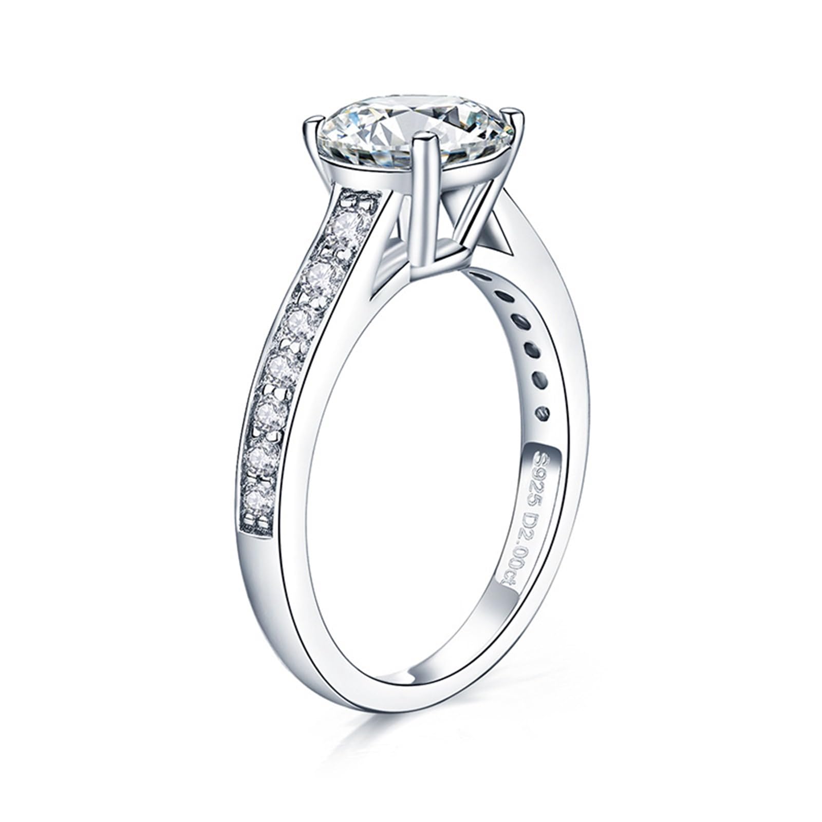 Anello di fidanzamento da donna, fantasia, anello indice da donna, 4 artigli con taglio rotondo da 2 carati, moissanite in argento 925, misura 57 (18,1)