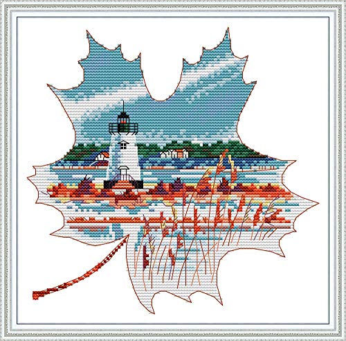 Image of CROSSDECOR Stamped Cross Stitch Kits Pre-Printed in Aida Cloth Cross-Stitching 14CT Embroidery Starter Kits DIY Cross Stitch Kits for Adults,the View from the Maple Leaf 10.6x10.5in