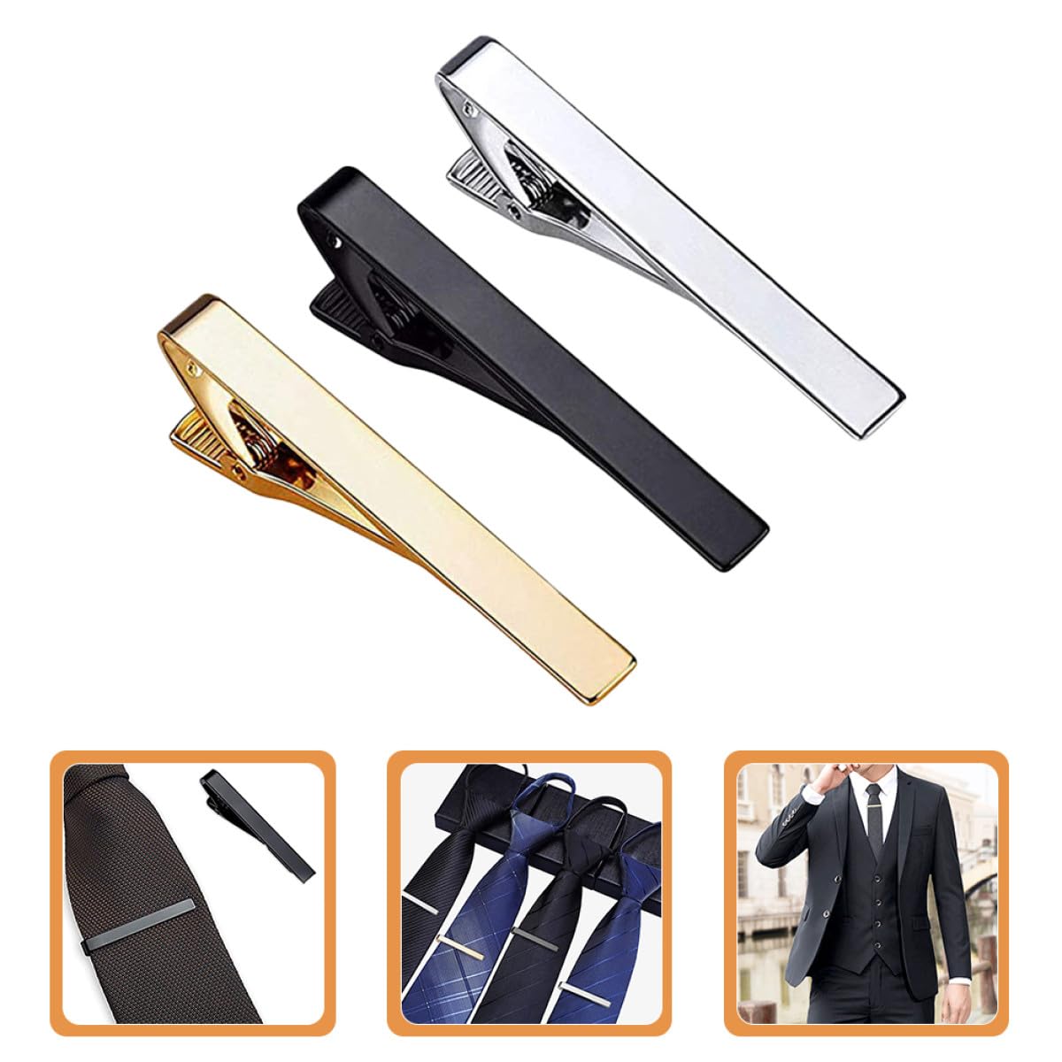 Angoily 3 Stück pack Klassische Krawattenklammern aus Kupfer für Herren Modisches Accessoire in Silber Gold und Schwarz Geeignet für Partys und Weihnachten