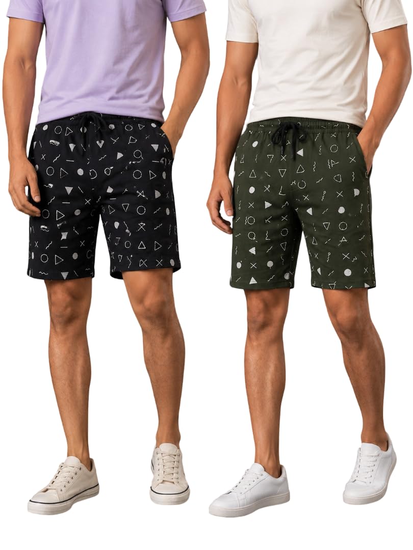 Mens Green-Black Printed Cotton Shorts Combo (Pack of 2) | Comfortable Casual & Loungewear Shorts | Soft Breathable Lounge & Sleepwear Shorts with Drawstring & Pockets-image-47