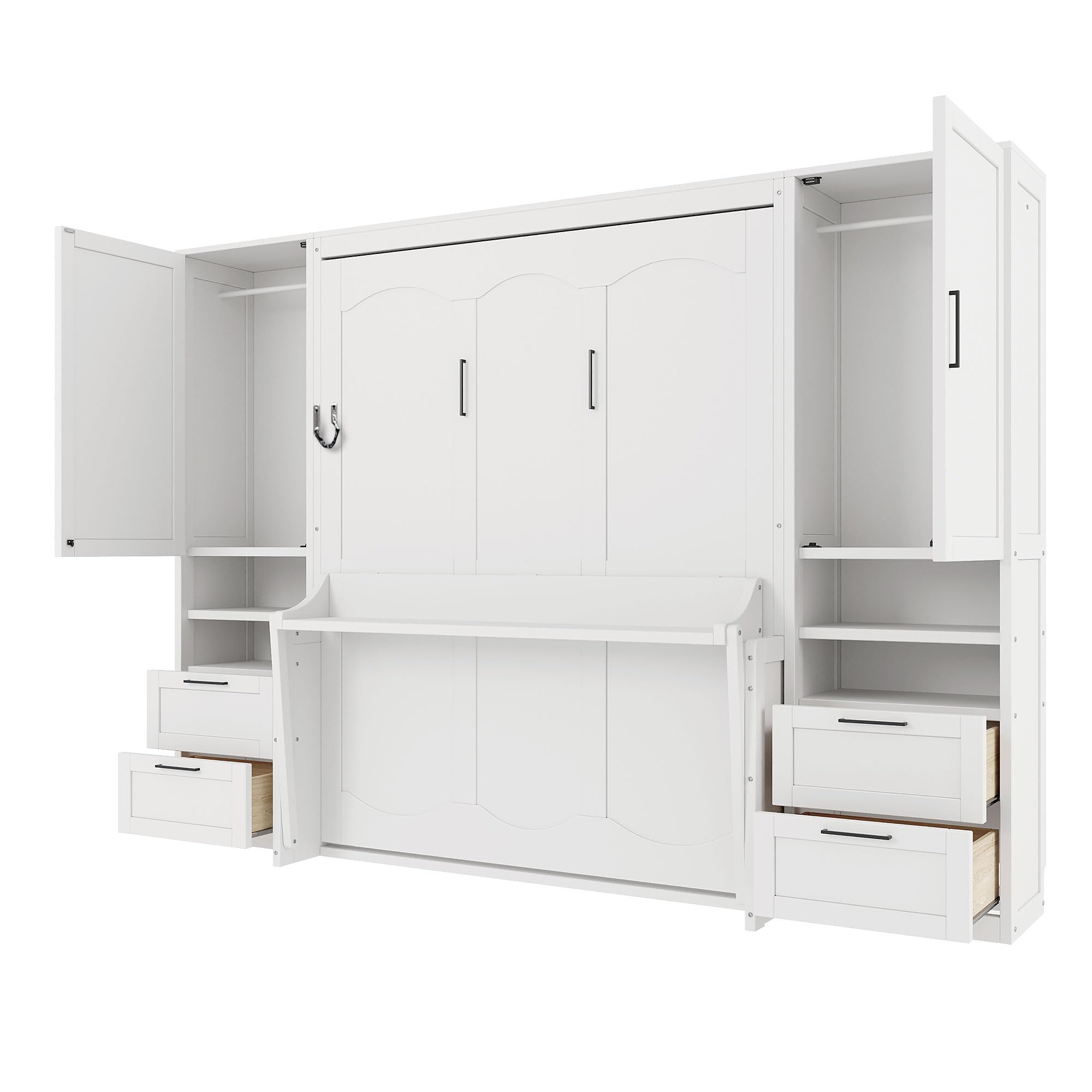 Queen Size Murphy Bed with 2 Side Wardrobes and Storage Drawers